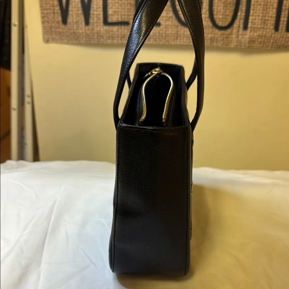 Vintage MCM Structured‎ Black Leather Satchel – Gold Hardware – Rare Style E7844